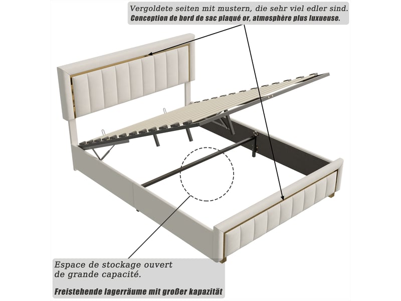  Lit coffre 140x190, lit 2 places avec rangement hydraulique, tête de lit et sommier à lattes, velours beige  - Conforama D