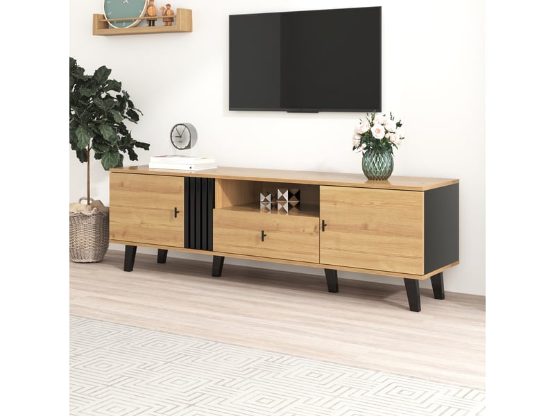  Meuble tv 170 cm avec tiroirs et portes, rangement spacieux, bois et noir, panneaux de particules  - Conforama W