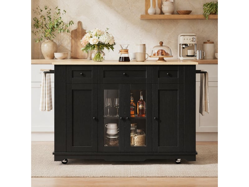  Desserte de cuisine noire et naturelle avec plateau rabattable, tiroir et étagères réglables en mdf 151,5×60×91,7 cm  - Conforama B