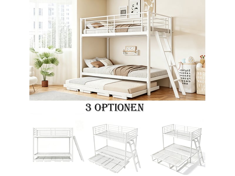  Lit superposé gigogne 90x200 cm fermé, couchage 180x200 cm ouvert, métal, 3 places, blanc sans matelas  - Conforama D