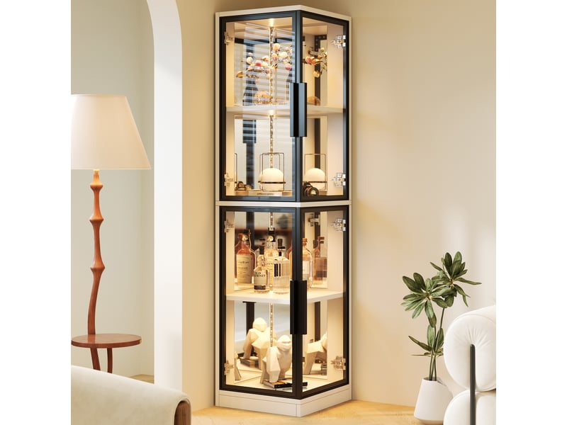  Vitrine d’angle 44x42x164 cm avec verre trempé double face, fond miroir, led multicolore via appli, meuble blanc pour collections et salon  - Conforama B