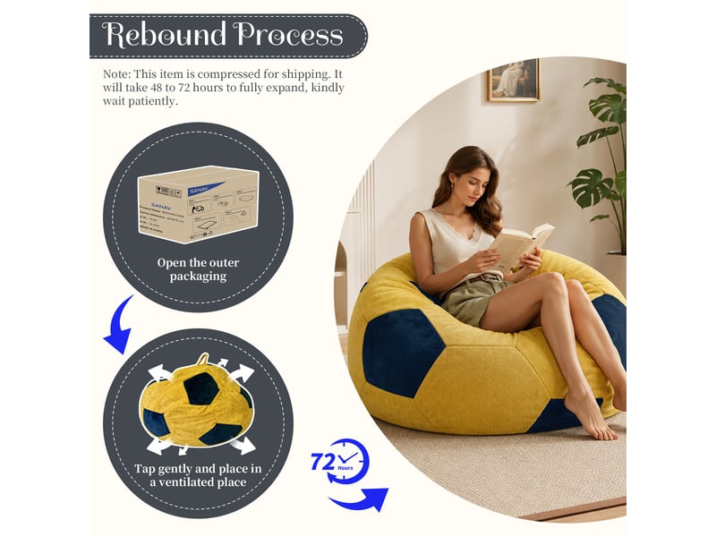 Fauteuil pouf rond en forme de ballon de football avec garnissage en mousse à mémoire de forme, flanelle bleu et jaune - Conforama C