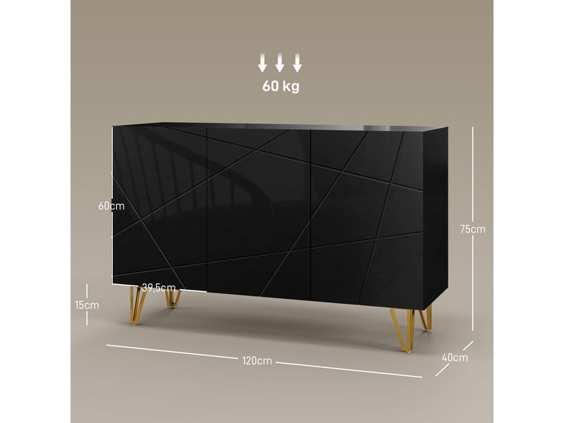  Buffet salon, meuble de rangement à haut brillance, 120x40x75cm, 3 portes à fermeture douce et étagères réglables, noir  - Conforama C