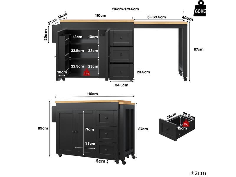  Îlot de cuisine extensible 116x45x89 cm, meuble cuisine, avec 3 tiroirs et roulettes, structure en mdf, couleur noir  - Conforama C
