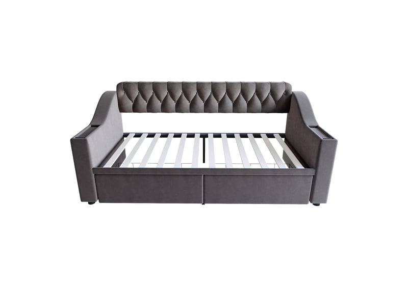 Canapé-lit 90x190 cm - 2 tiroirs de rangement - accoudoirs avec rangement et usb - velours - gris foncé - Conforama W