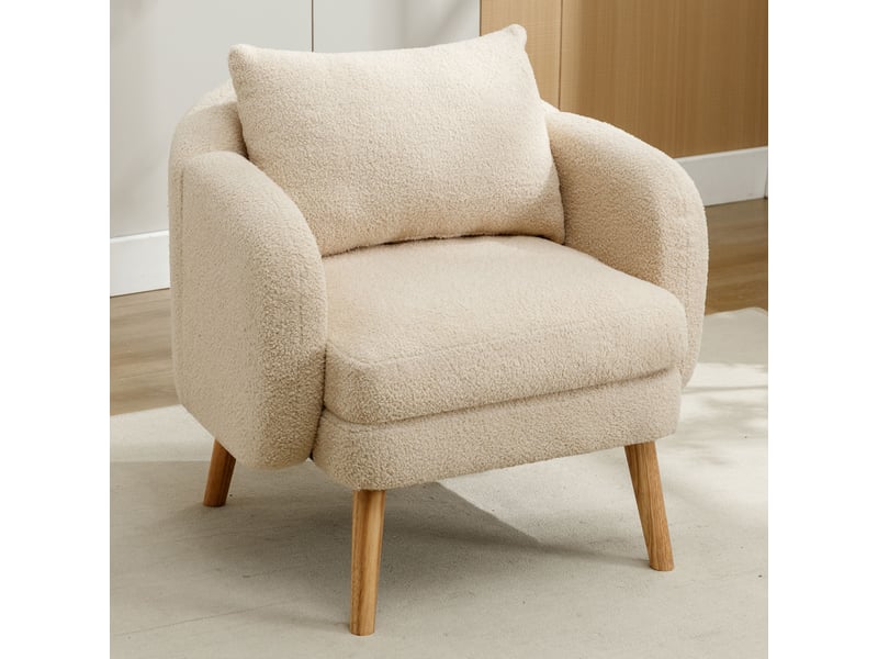  Fauteuil salon moderne en velours teddy beige, coussin amovible, structure bois massif, assise confortable pour intérieur  - Conforama B