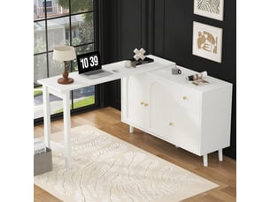 Bureau d'angle pivotant 360°, bureau et buffet 2 en 1 avec 3 portes et 1 tiroir. Bureau informatique blanc élégant pour salon et chambre.