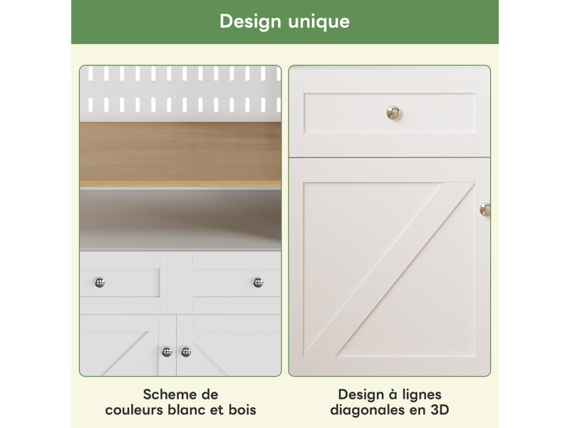  Buffet cuisine blanc et bois naturel, meuble vaisselier avec 2 tiroirs et 4 portes, design style grange pour salle à manger  - Conforama R