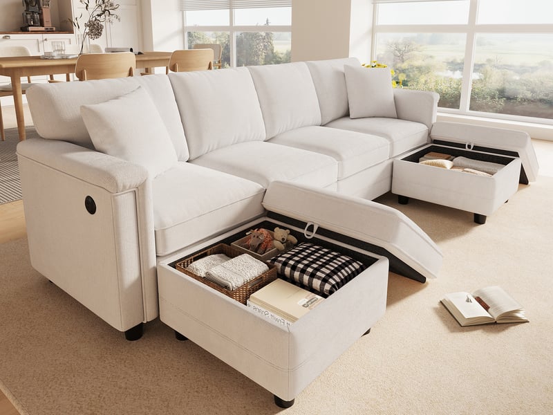 Canapé modulaire convertible, 4 places, avec 2 poufs rangement + 2 coussins, chenille résistante, 261x134x82 cm, blanc, pour salon - Conforama B