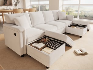 Canapé d'angle réversible fixe <strong>BGSRYAO</strong> <strong></strong> 4 places Tissu blanc avec coffre de rangement