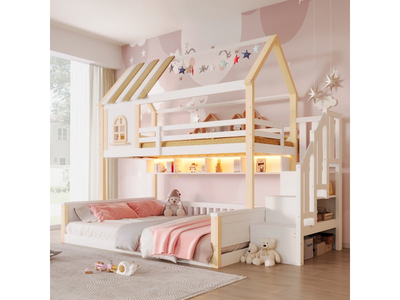  Lit superposé 90 × 200 et 140 × 200 cm, cabane, led, escalier à rangements, étagères, barrières, blanc et bois naturel  - Conforama D