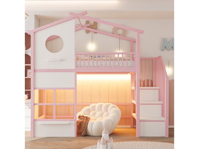 Lit mezzanine 90 x 200 cm - avec éclairage led - avec escalier - rose (matelas non inclus) - Conforama B