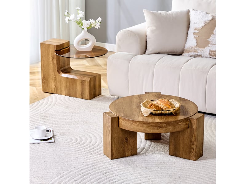  Table basse ulevr gigogne ronde 2 pièces, tables séparables en mdf décor bois et verre de sécurité teinté marron, ø 61 cm  - Conforama D