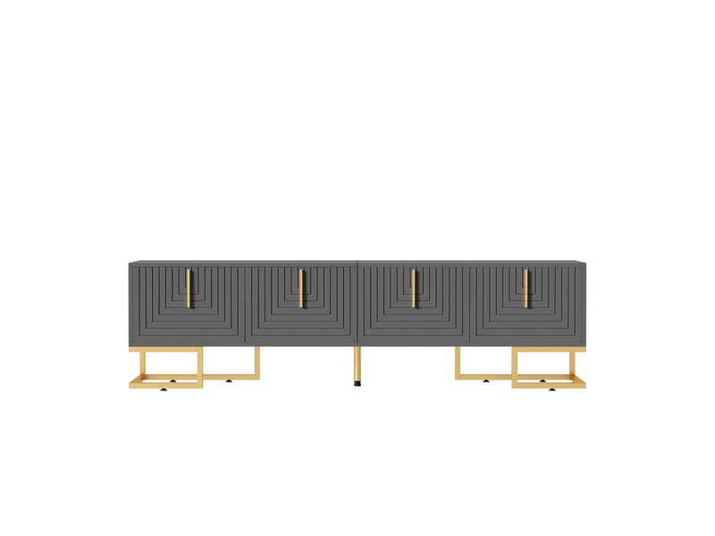 Meuble tv 170 cm gris noir avec 4 portes texturées et pieds dorés - Conforama A