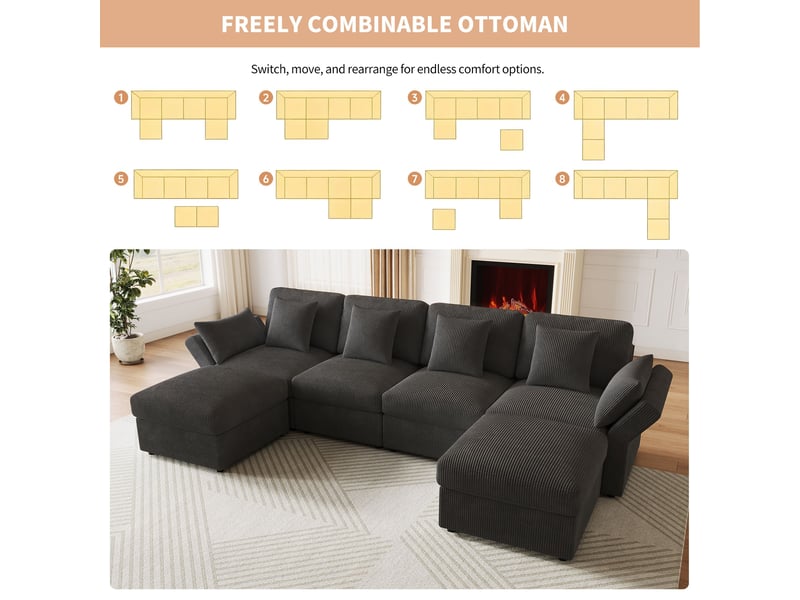  Canapé d’angle modulable en u 4-6 places 290 cm avec 2 poufs, accoudoirs réglables, tissu côtelé, gris  - Conforama E
