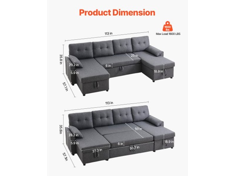  Canapé-lit en u, avec 2 poches latérales, 2 oreillers et méridienne double, canapé convertible en lit 6 places avec grand espace de rangement pour salon, appartement, structure en métal, gris  - Conforama C