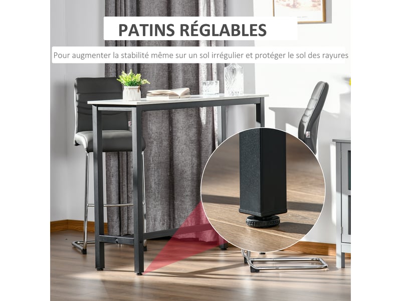  Table de bar table haute de cuisine mange-debout - châssis piètement acier - dim. 120l x 40l x 100h cm, plateau aspect marbre blanc  - Conforama R