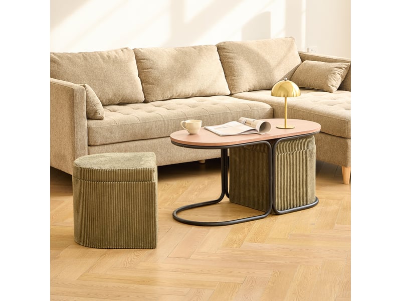 Nordlys - table basse en bois avec 2 poufs bouclettes rangement frêne blanc  - Conforama C