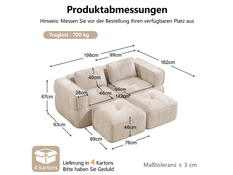  Canapé modulaire 2 places avec deux poufs, assise profonde et mousse 32d, sans structure apparente en polyester beige  - Conforama C