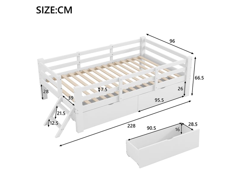  Lit enfant 90x200cm barrières demi-ouvertes 2 tiroirs gain d'espace mdf et contreplaqué pin blanc sans matelas  - Conforama C