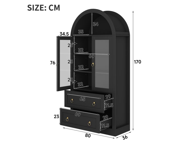 Armoire de rangement haute 80x36x170 cm avec portes vitrées et tiroirs noire - Conforama C