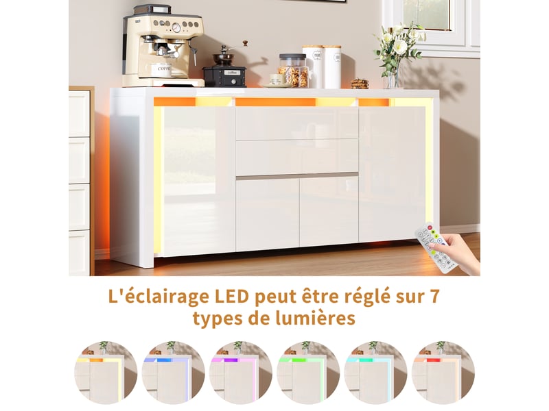  Meuble cuisine blanc, 160x35x75 cm buffet cuisine bas blanc laqué avec éclairage led - 4 portes et 2 tiroirs - pour cuisine, salle à manger, salon  - Conforama E
