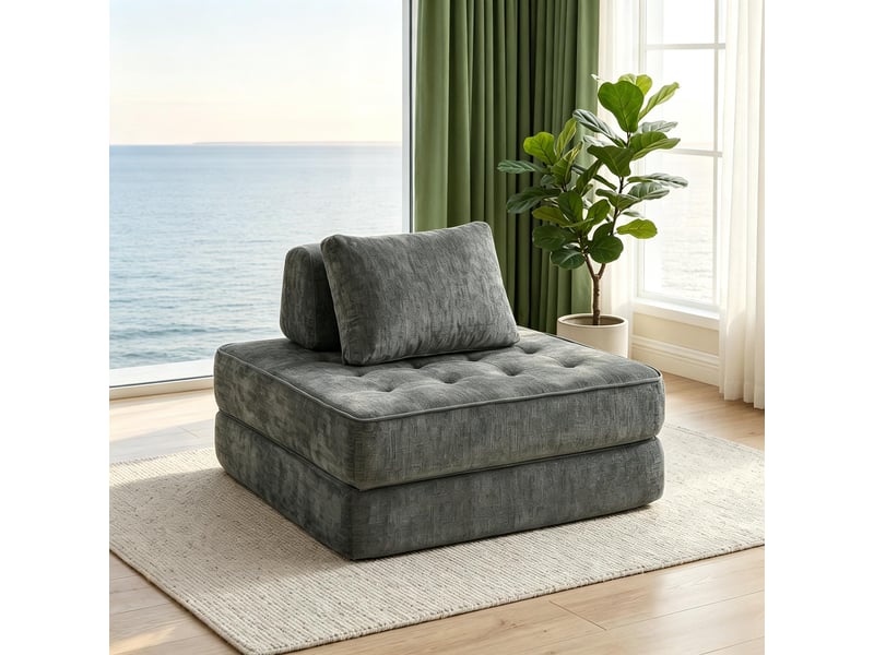 Fauteuil convertible 1 place 2 en 1 avec couchage d’appoint et coussin de soutien, en chenille grise, 97 × 97 × 70 cm - Conforama A
