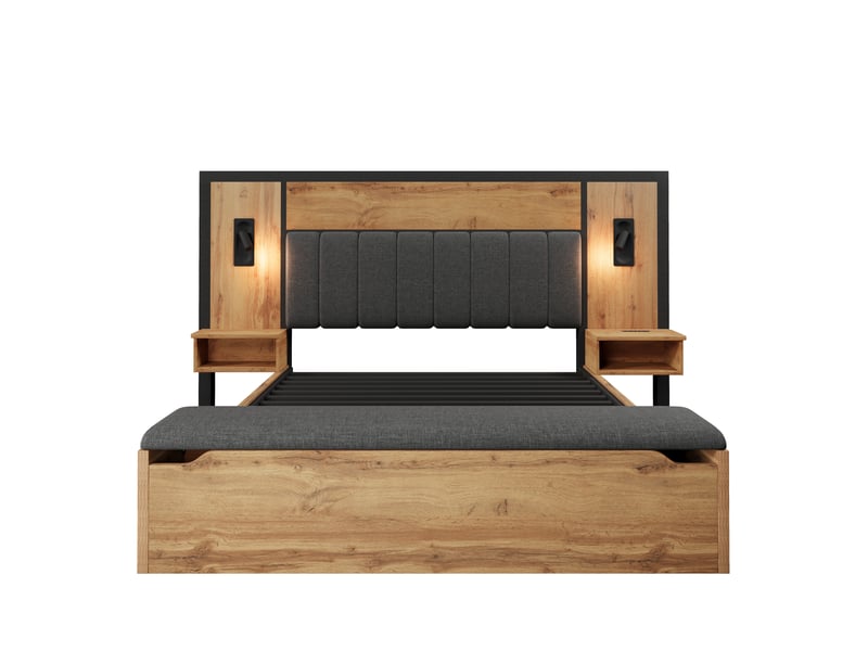  Lit coffre 160x200 cm avec matelas, bois et lin, chêne, rangement et lampe de lecture usb evarich - Conforama A