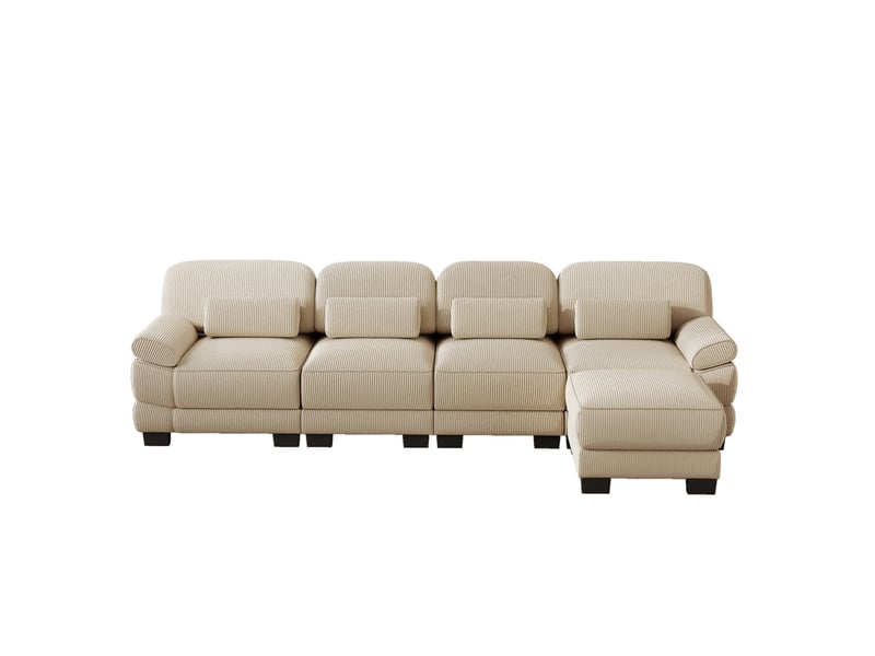  Canapé modulable angle l 4 places 336x161x94 cm, cadre solide, assise profonde, avec pouf, en velours côtelé, beige  - Conforama A