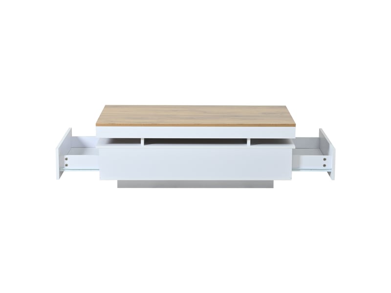  Table basse 100 x 50 x 35 cm avec 2 tiroirs, table d'appoint led laquée brillante, table à thé, console, table de salon, table basse, blanc et bois.  - Conforama D