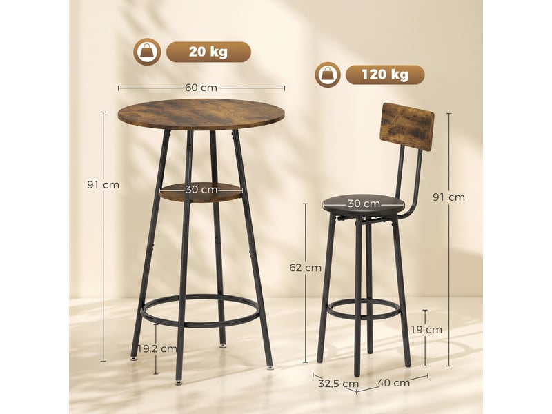  Ensemble table de bar industrielle avec 2 tabourets rembourrés, repose-pieds, structure en métal, table de cuisine avec étagère, marron rustique  - Conforama E
