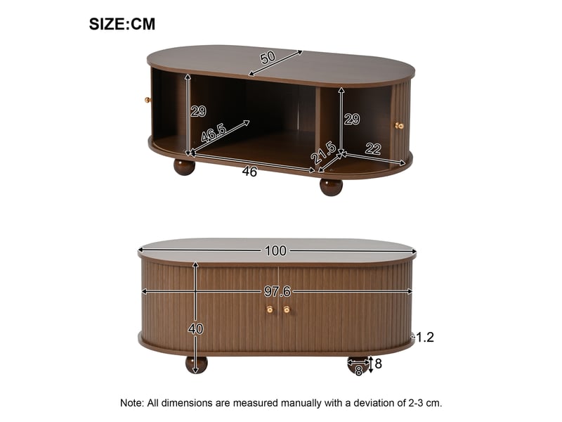  Table basse ovale 100 x 50 x 40 cm rangement portes coulissantes 360° gain de place cap. 30 kg mdf finition noyer  - Conforama C