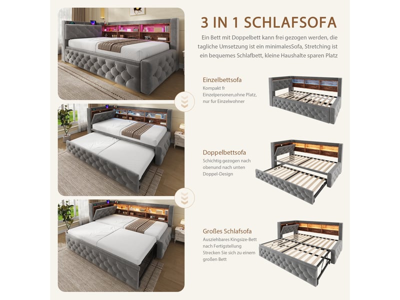  Canapé-lit 90x190 cm, lit enfant, couchage d'appoint, sommier à lattes, extensible, étagères, led, usb et usb-c, velours gris foncé  - Conforama R