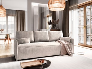 Canapé droit convertible <strong>MASSENO</strong> <strong></strong> 3 places Velours côtelé beige avec coffre de rangement