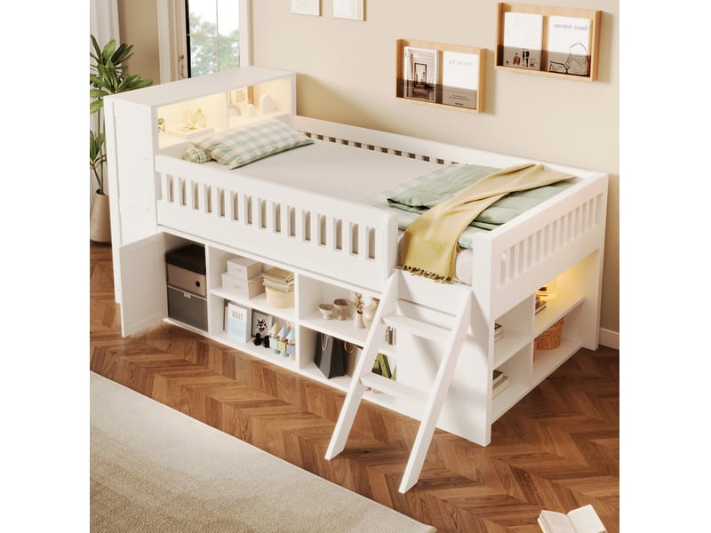 Lit mezzanine enfant 120x200 cm avec led et rangements, mdf et pin blanc, sans matelas - Conforama W