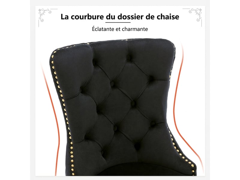  Lot de 2 chaises de salle à manger velours noir avec anneau au dos et pieds en acier inoxydable doré  - Conforama D