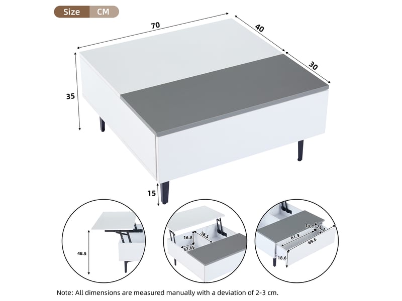  Table basse 70x70x35 cm relevable avec led et rangement blanc et gris  - Conforama C