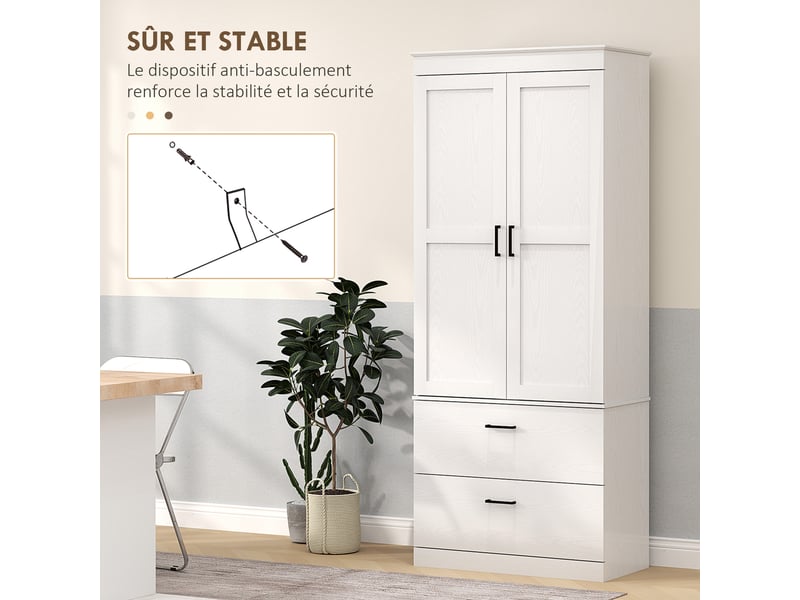  Armoire de cuisine buffet cuisine vaisselier meuble de rangement avec placard, 2 tiroirs et étagères réglables, crème  - Conforama W