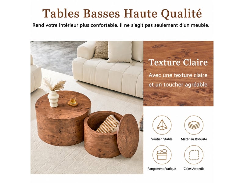  Lot de 2 tables basses rondes avec rangement, mdf effet bois, couvercle amovible, style scandinave, marron, ø 62,8 cm  - Conforama W