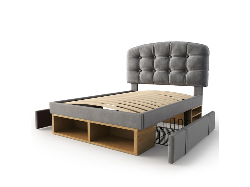 Lit rembourré 90x200cm, tiroirs et rangements, tête de lit réglable, sommier, velours gris, sans matelas C-DEGAYUN - Conforama A