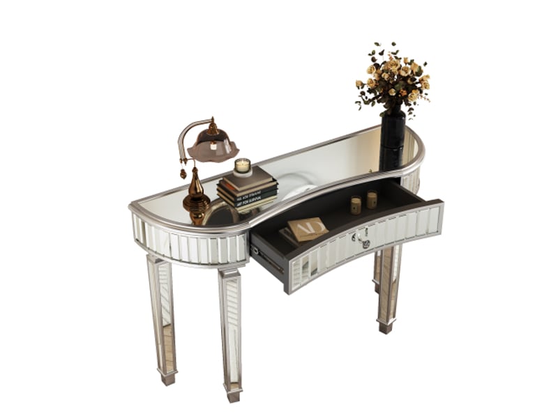  Console demi-lune miroir 120 cm – vanité moderne gris argent, tiroir à poignée cristal, verre cannelé, table luxe  - Conforama D