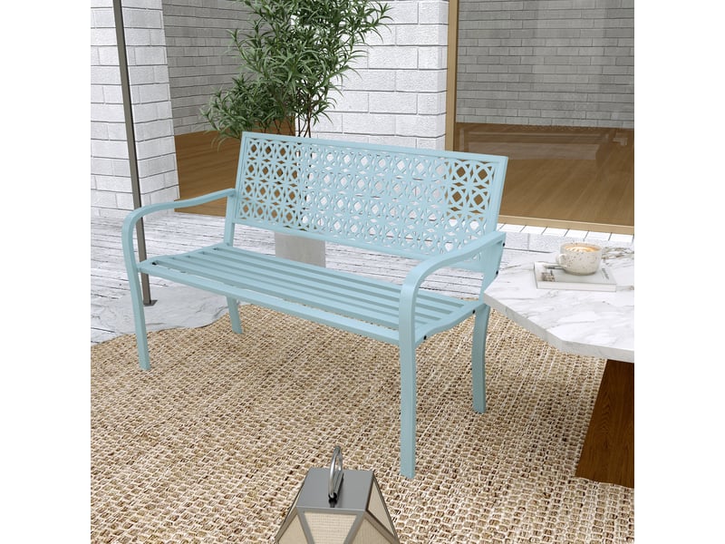  Banc d'extérieur, banc de jardin en acier, dossier ajouré, accoudoirs, pour 2 personnes, bleu  - Conforama D