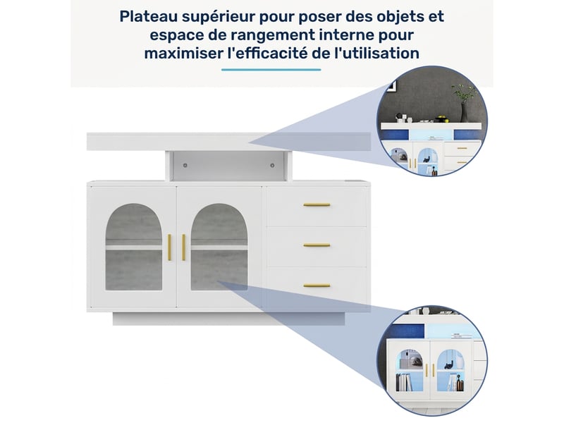  Buffet blanc brillant avec led 120 cm - meuble de rangement cuisine 3 tiroirs et portes acrylique  - Conforama E
