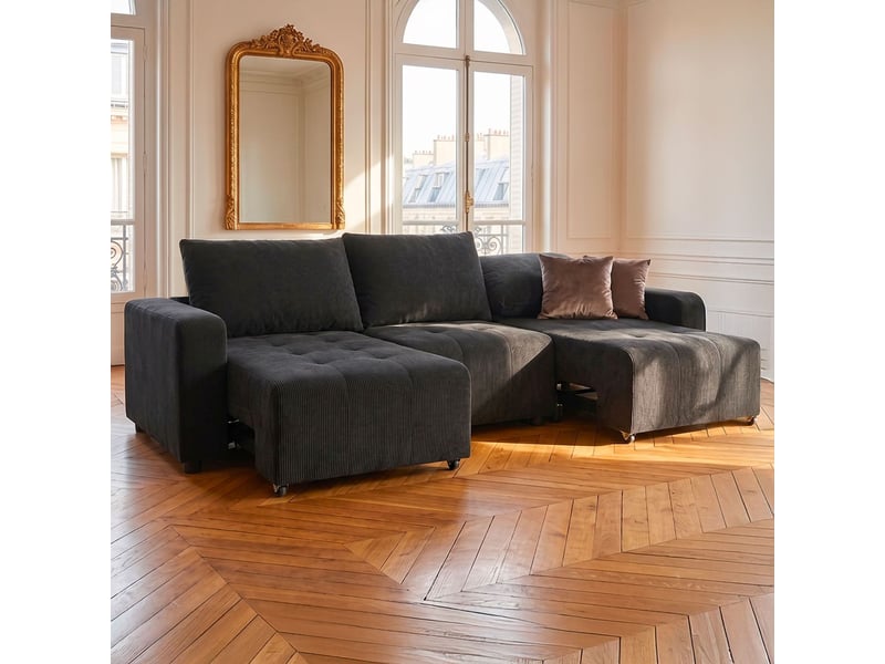  Canapé 3 places convertible et modulable castelo velours côtelé noir Castelo - Conforama B
