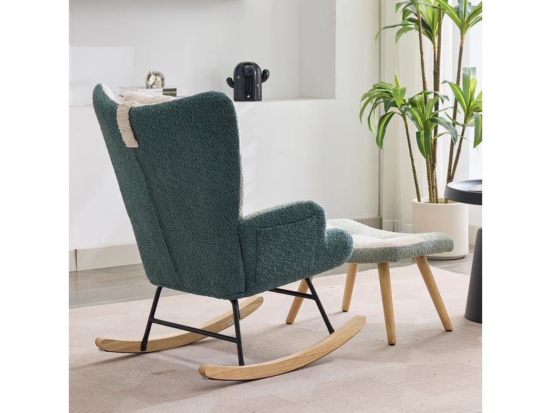 Fauteuil à bascule bouclette patchwork avec repose-pieds, dossier haut 60 cm, pieds en bois et métal, charge 100 kg - Conforama E
