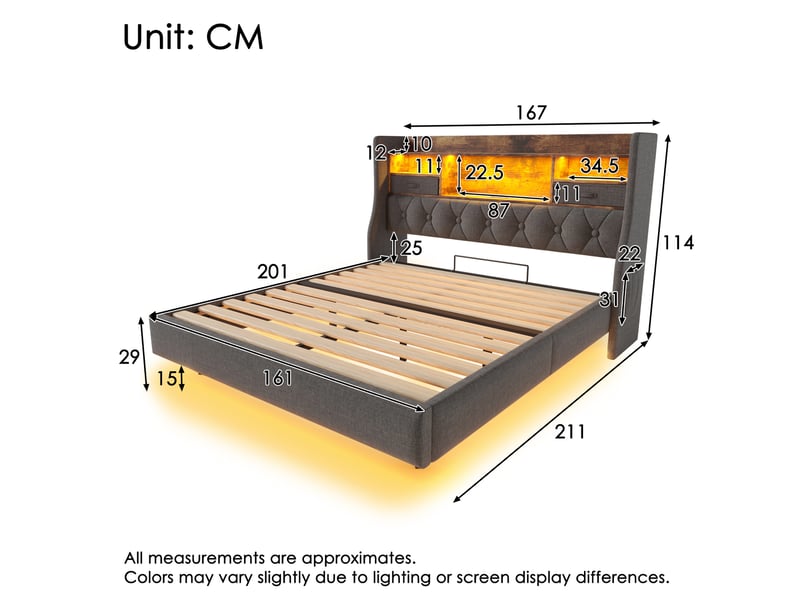 Lit double 160x200 cm gris en lin, avec matelas, éclairage led, rangements et station de charge usb  - Conforama C