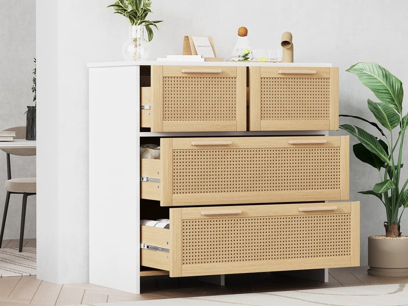  Commode 4 tiroirs, meuble en rotin haut de gamme, poignées en bois massif, l80 x h80 x p38 cm, couleur naturel et blanc  - Conforama B