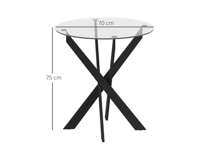  Table de salle à manger ronde 4 personnes avec plateau verre trempé pieds métal réglables noir transparent ø70 × 75 cm  - Conforama C