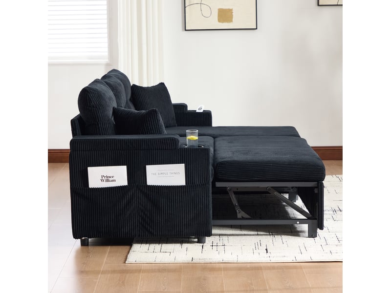 Canapé convertible tcqpz 3 places avec méridienne coffre, lit coulissant, usb-c et porte-gobelets en velours côtelé noir 212,5 x 136 x 86 cm  - Conforama E