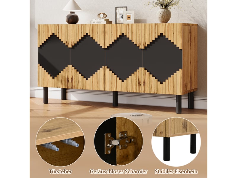 Buffet moderne 140x40x70cm meuble rangement bois noir avec portes push-open et design losange pour salon - Conforama D